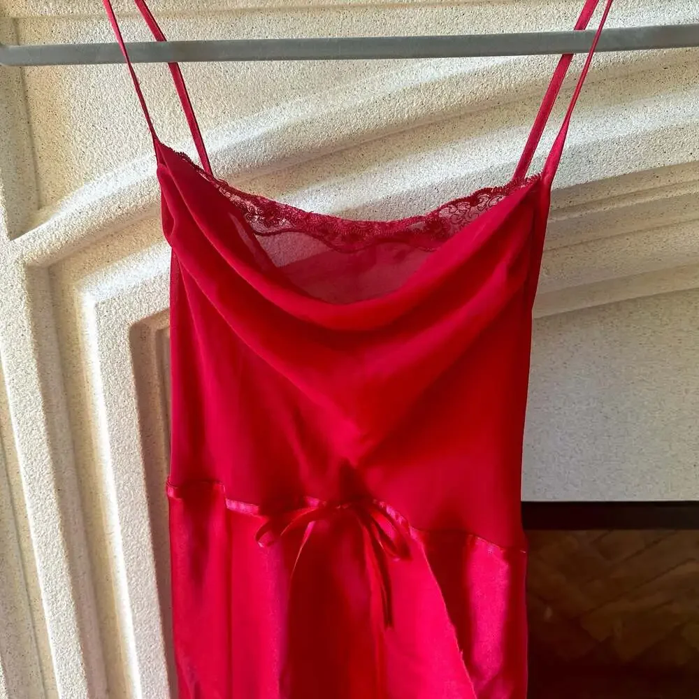 Vintage Red Satin Cowl Neck Slip Nightgown with Lace Detail and Bow